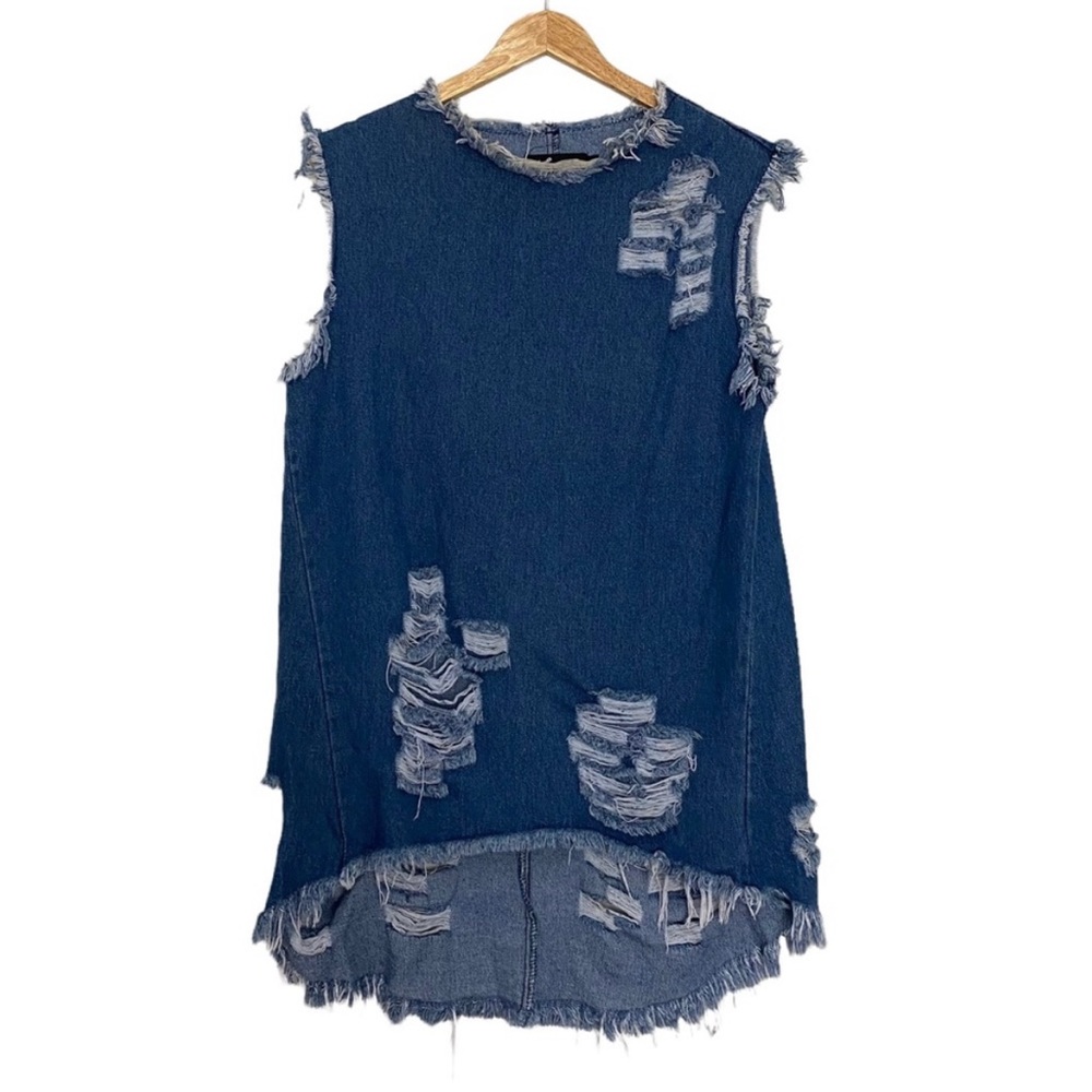 Thrill Denim Heavily Distressed Denim Frayed High Low Hem Mini Dress Size Large